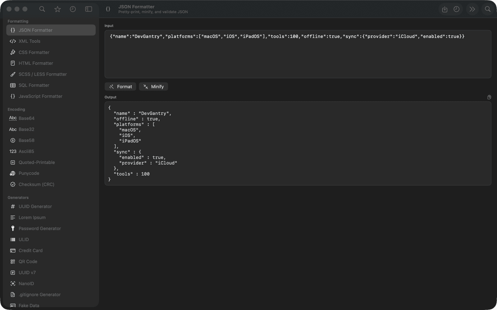 DevGantry on macOS formatting JSON, with the tool sidebar open