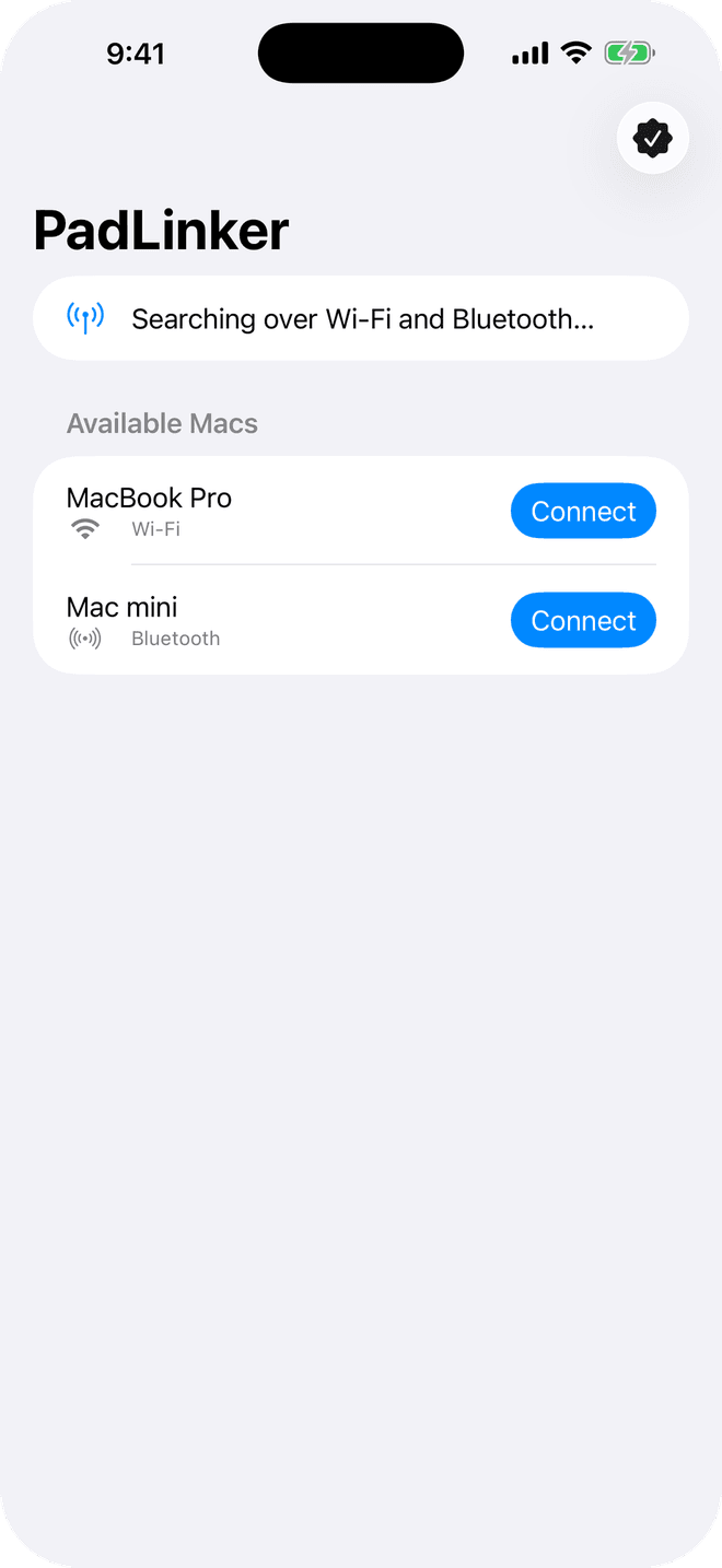 PadLinker on iPhone listing nearby Macs available over Wi‑Fi and Bluetooth
